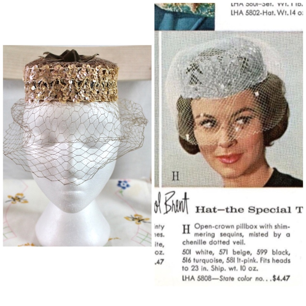 Vintage Open Crown Pillbox Hat Mesh Netting Velvet Bows 60s
